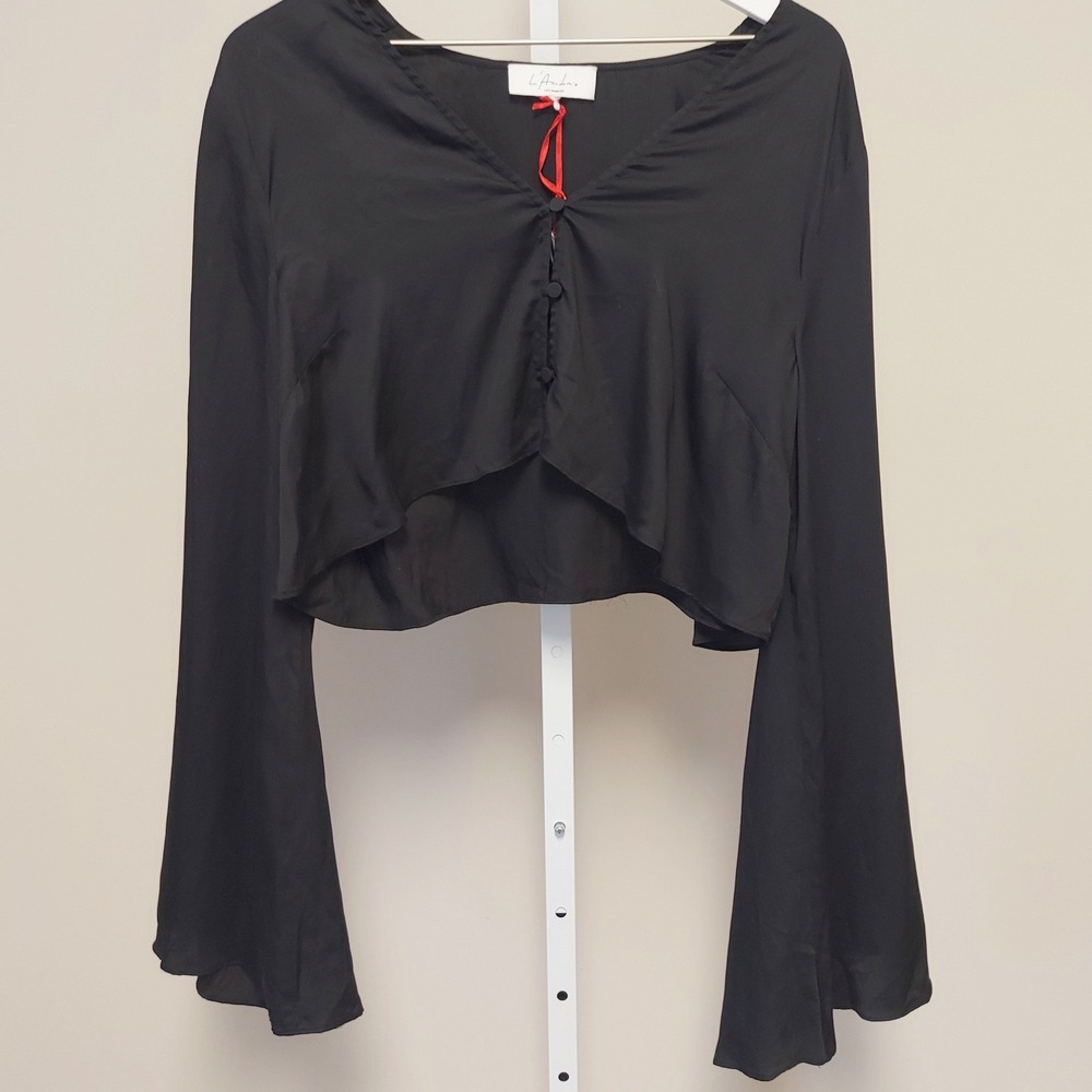 LAcadmie Black Tencel Cropped Bell Sleeve Blouse Top Goth Witchy Whimsigoth